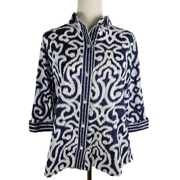 Gretchen Scott Shirt Small Navy & White Ikat Print Button-Down Classy - Picture 1 of 9